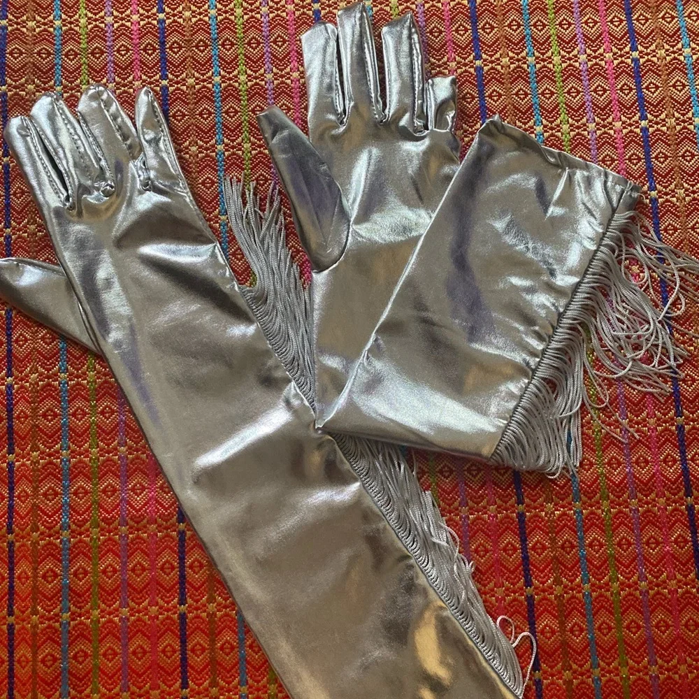 vintage deadstock metallic silver fringe long gloves OSFA